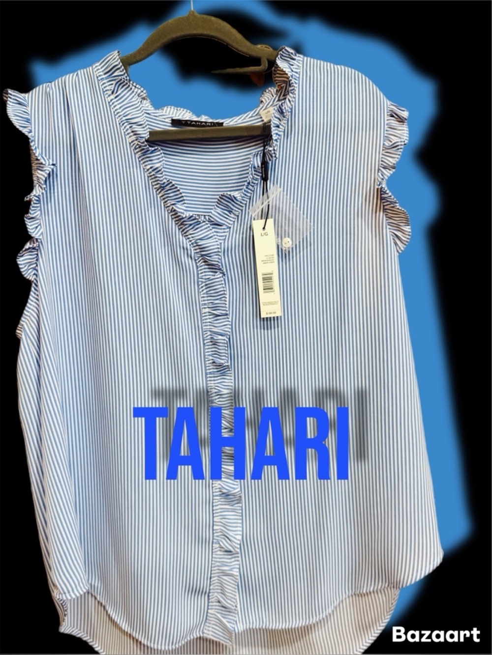 Tahari Light Blue and White Striped Ruffle V-Neck Sleeveless Top- NWT